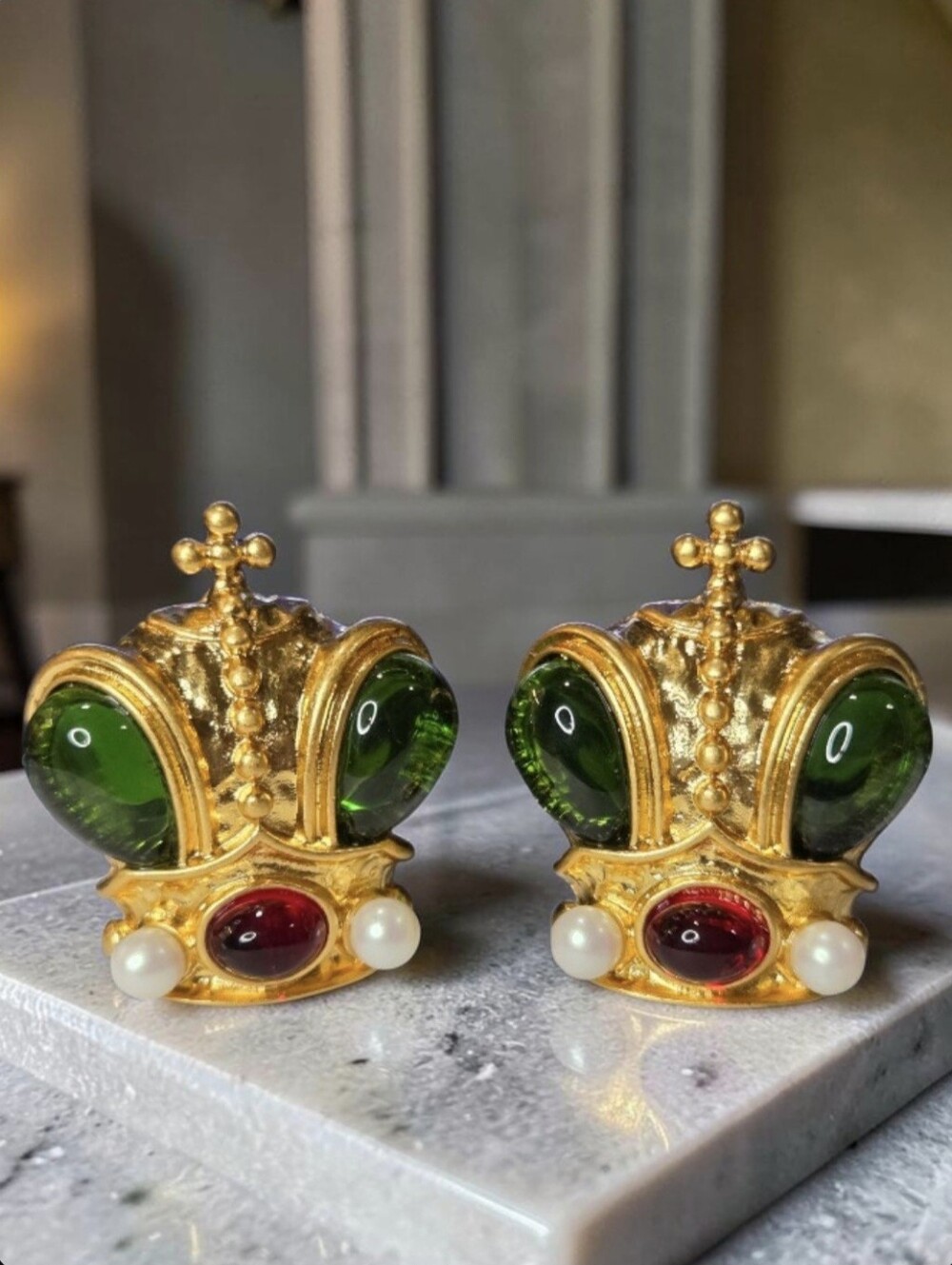 Royal Regal Queen Matte Gold Chunky Maltese Cross Crown Glass Cab Earrings